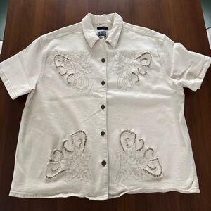 Reclaimed Vintage Cream Denim Short Sleeve Button-Up Shirt with Embroidery
